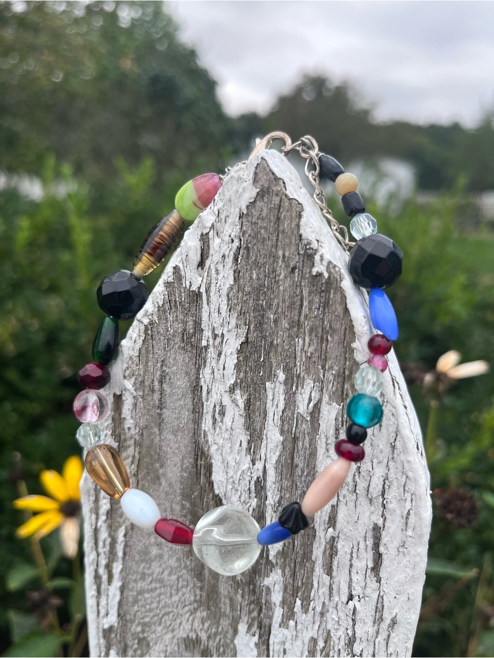 Hand Crafted Multicolor Beaded Bracelet with Black, Blue, Green & Pink Accents